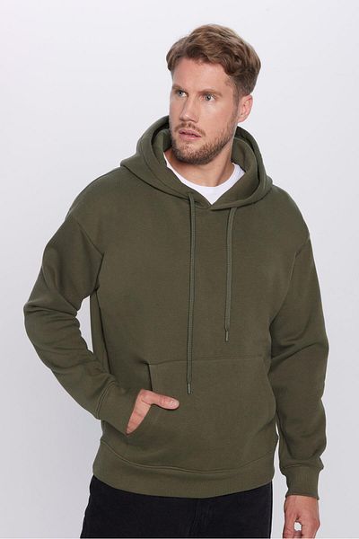 Tudors Unisex Oversize Wide Cut βαμβακερή μαλακή υφή Basic φούτερ με πράσινη κουκούλα με φλις εσωτερικά