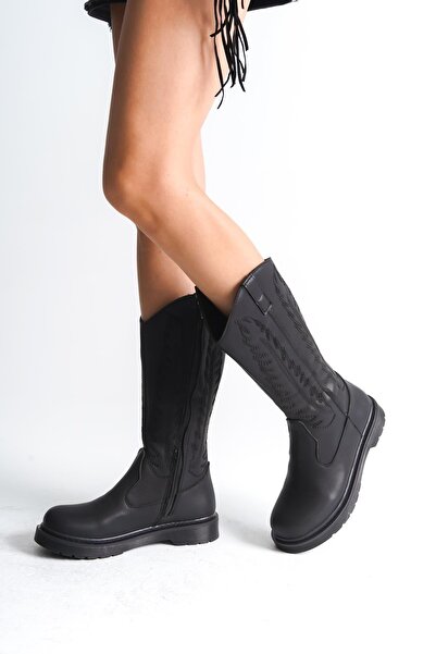Bak Store Dar Kalip Black Leather Skin Black Embroidered Zippered Western Cowboy Women's Boots with Stitched Soles