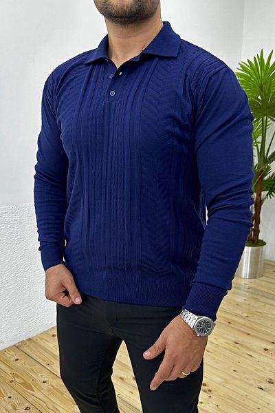 VİP LOKAL Тъмносин пуловер от памучно трикотажно платно с шарена поло яка
