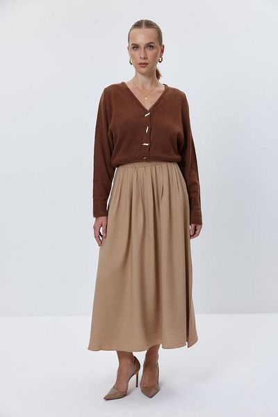 Tuba Butik Light Brown Midi Skirt with Elastic Waist