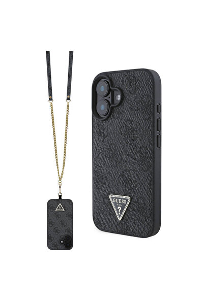 Guess iPhone 16 Uyumlu Kılıf PU Deri Taşlı Metal Üçgen Logolu Çapraz Vücut As...