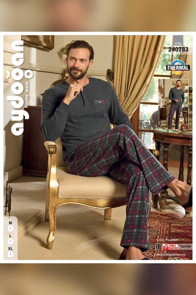 Aydoğan Men's Aras Winter Thermal Comfortable Anthracite Pajama Set 0783