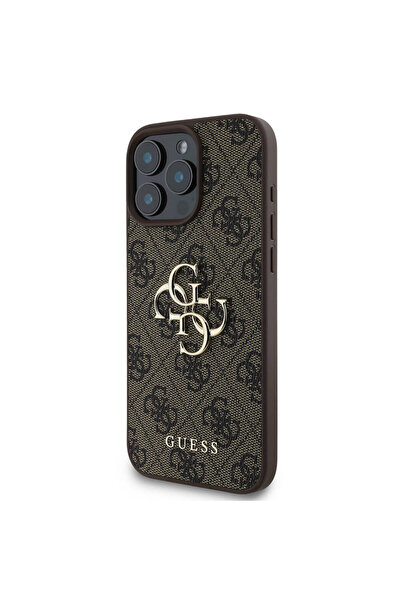 Guess iPhone 16 Pro Max Kılıf Guess Lisanslı PU Deri 4G Desenli Metal Büyük 4G ve Yazı Logolu Kahverengi
