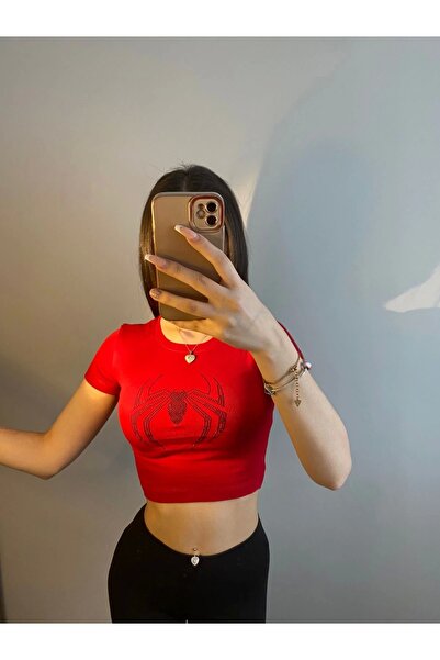 Violon Kırmızı Örümcek Spider Parıltılı Taş  Baskılı Crop Body