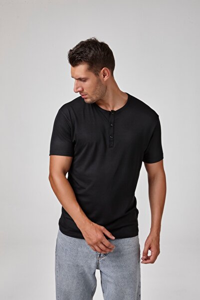 relactive Μαύρο ανδρικό μπλουζάκι - κοντό μανίκι και κουμπιά