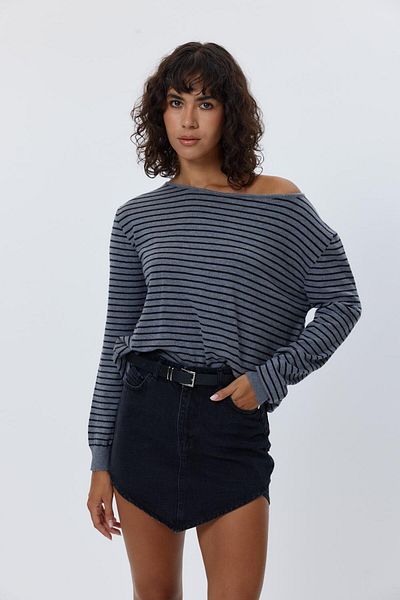 Tuba Butik Tricotaj cu gât barcă în dungi Pulover de damă gri