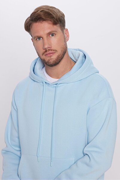 Tudors Unisex Oversize Geniş Kesim Pamuklu Yumuşak Dokulu İçi Polarlı Basic Mavi Kapüşonlu Sweatshirt