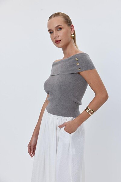 Tuba Butik Μπλούζα με γιακά Madonna Γκρι πλεκτό