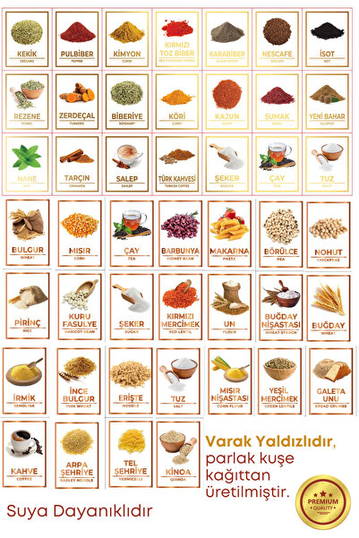grimorlife 46 Lı Renkli Resimli Varak Yaldızlı Suya Dayanıklı Baharat Erzak Bakliyat Etiketi Sticker