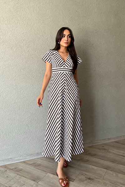 Seda Yalçın Atelier Καφέ ριγέ κοντομάνικο φόρεμα