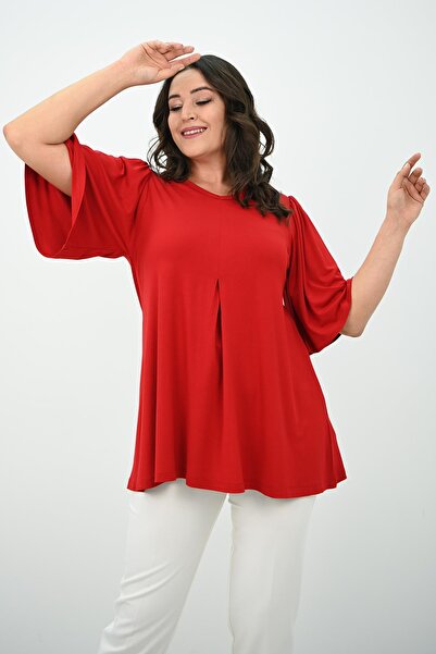 Koza Butik Women's Plus Size Pleated V-Neck Blouse 1847-25