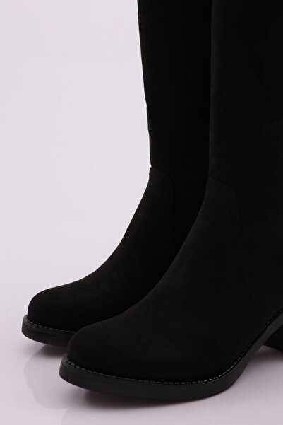 DGN Kadın Arkası Streç Detaylı Topuklu Çizme Siyah Süet 8122668