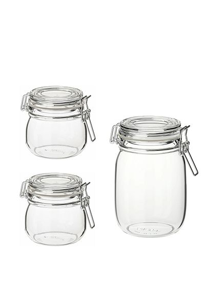 IKEA 3 Pieces of Storage Jar (1 Piece of 1 Litre and 2 Pieces of 0.5 Litre) Ikea 3-Piece Glass Jar Leak-Proof Lid
