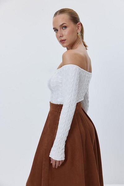 Tuba Butik Boat Neck Crop Knitwear Ecru Women's Sweater