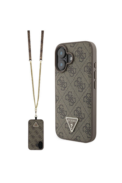 Guess iPhone 16 Uyumlu Kılıf Guess Lisanslı PU Deri Taşlı Metal Üçgen Logo Vü...