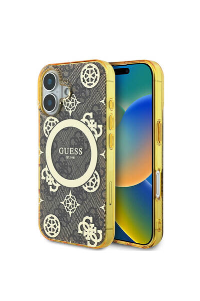 Guess iPhone 16 Plus uyumlu Kılıf 4G Desenli IML Yazı Logolu Peony Kahverengi