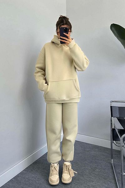 BayBayan Γυναικείο σετ φόρμας Unisex με κουκούλα χειμερινής χρήσης με 3 κλωστές ψηλόμεσο ελαστικό