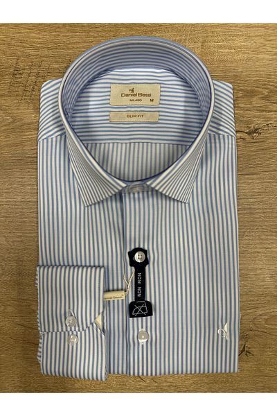 Daniel Bessi Long Sleeve Slim Fit 100% Cotton Non-Iron Iron-Free Non-Wrinkle Striped Classic Men's Shirt