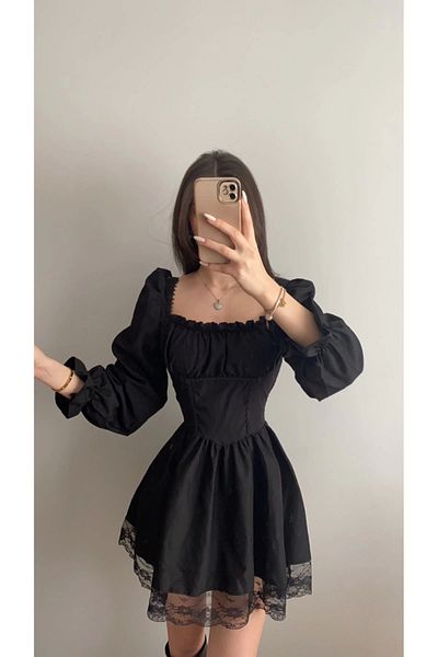 Violon Black Romantic Corset Look Lace Detailed Mini Dress