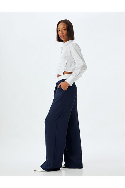 Koton Wide Leg Baggy Fabric Trousers with Button Detail Comfortable Fit Pocket Color Block
