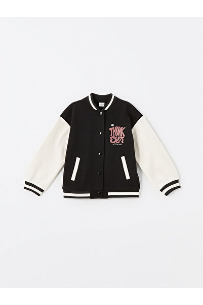 LC Waikiki Black Printed Girls' Thick College Jacket
