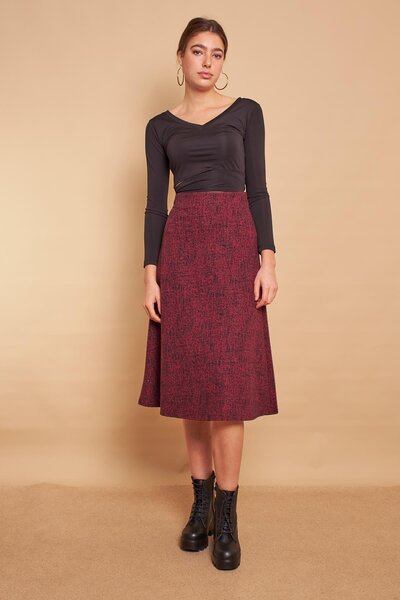 Jument Iarnă din lână jacquard țesătură lycra ușoară pentru femei, fustă lungă în formă de A cu talie înaltă - diagonală visiniu