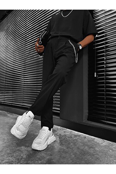 ablukaonline Erkek Boyfriend Zincirli Kumaş Pantolon Siyah
