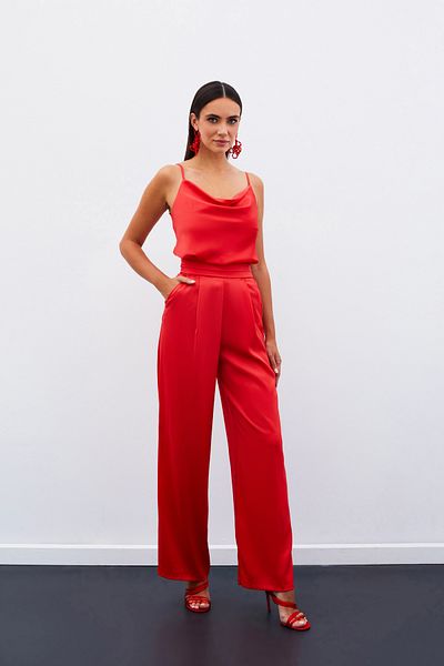 Sateen Loose Satin Trousers with Pockets - Coral
