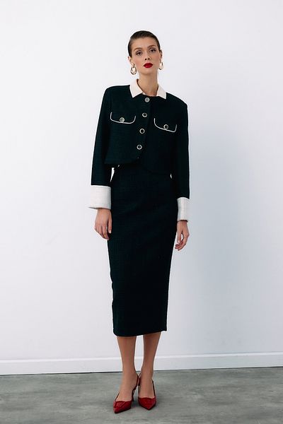 Sateen Fusta creion din tweed negru - cu nasturi ornamentali