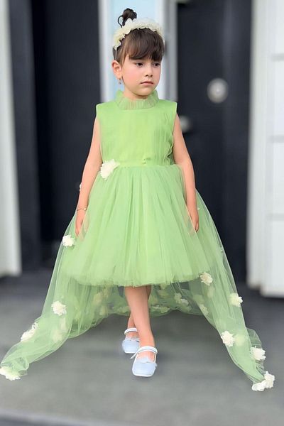 Riccotarz Girl's Green Evening Dress with Tulle Collar, Pleat Detail and Flower Tail