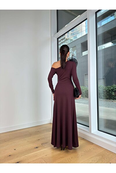 modaçelikler Long Sleeve One Shoulder Open Accessory Mads Claret Red Women's Long Dress 25K102