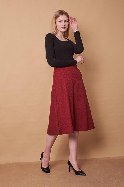 Jument Fustă lungă clopot cu talie înaltă pentru femei, din lână, jacquard, țesătură ușoară din lycra - burgundy Houndstooth