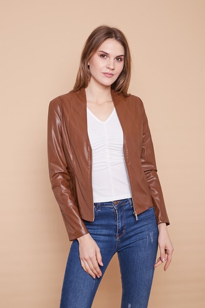 Jument Ecological Faux Leather V-Neck Long Sleeve Zippered Blazer Jacket-Tan
