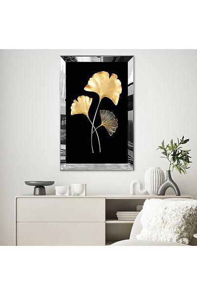 Zevahir Mobilya Dekorasyon Masa MDF cu un singur cadru din plexiglas cu oglinda argintie, fundal negru, imagine frunze de aur