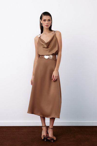 Sateen Camel Flared Skirt - with Belt Accessory