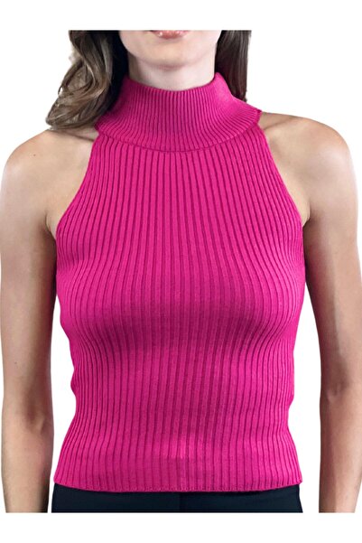 Miss Poem Women's Turtleneck Sleeveless Short Fuchsia Knitwear Crop