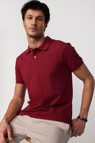 Tudors Ανδρικό μπλουζάκι Slim Fit Slim Fit 100% βαμβακερό απλό πικέ Claret Red polo γιακά μπλουζάκι