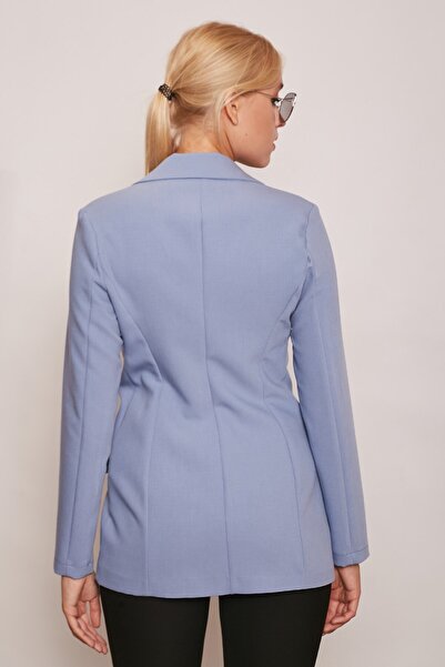 Jument Jachetă de blazer din material textil pentru femei, cu mâneci lungi, cu detaliu cu nasturi, cu buzunar ornamental pentru birou, cu capac - albastru murdar