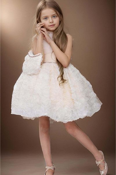 Riccotarz Girl's 3D Printed Layered Tulle and Rose Detailed Stone Embroidered White Evening Dress