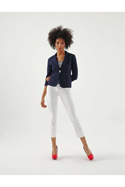 Jument سترة قصيرة بأكمام ثلاثية الأرباع مع ياقة وجيب - لون كحلي