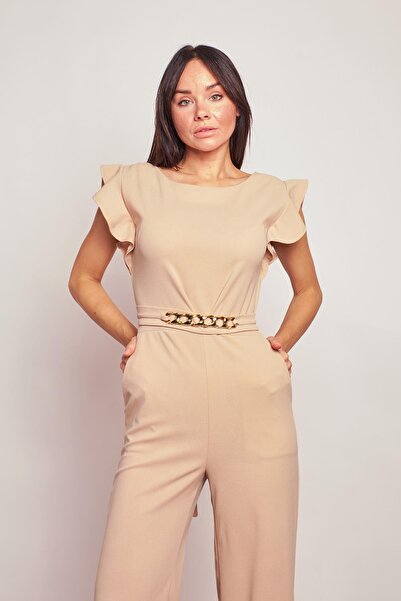 Jument Κομψή βραδινή φόρμα γραφείου με μανίκια από ύφασμα κρεπ Lycra με αξεσουάρ βολάν -Μπεζ