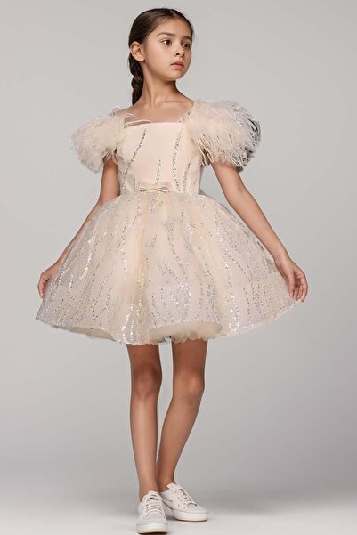 Riccotarz Rochie de seară bej pentru fete - cu umăr dezactivat, mâneci cu pen...