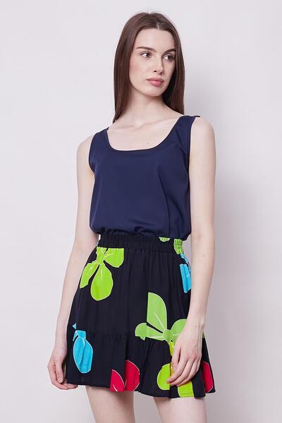 Jument Міні-спідниця з високою талією і воланами - темно-синя з квітковим візерунком