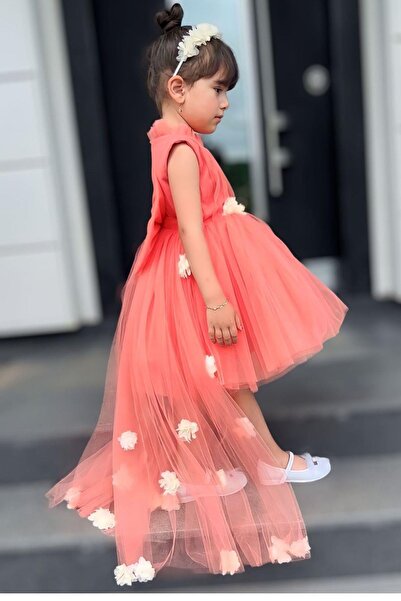 Riccotarz Girl's Tulle Collar, Pleat Detail and Floral Train Coral Evening Dress