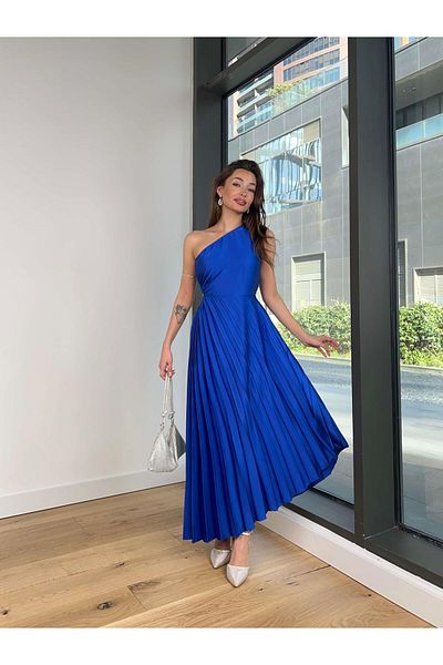 modaçelikler Single Shoulder Waist Window Detailed Skirt Pleated Evelyn Women's Saks Dress 23Y000388