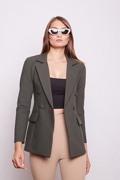 Jument Jachetă blazer elegantă de culoare kaki - detaliu cu nasturi, mânecă lungă, buzunar