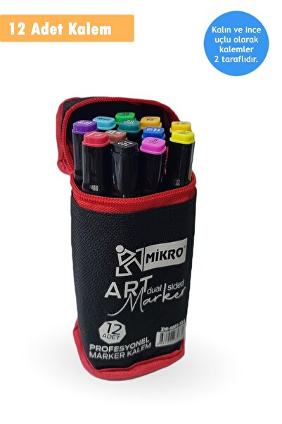 Mashotrend Mikro Çantalı 12 Parça Çift Uçlu Grafiti Kalem Renkli Keçeli Kalem Eskiz, İllüstrasyon Boya Kalemi