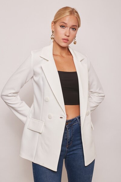 Jument Women's Button Detailed Long Sleeve Stylish Office Ornamental Pocket Flap Fabric Blazer Jacket-Cream