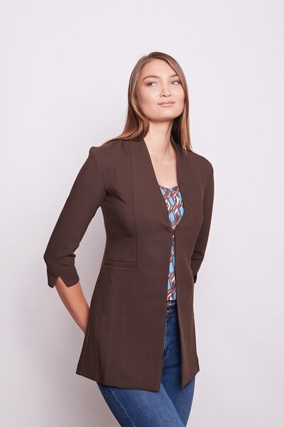 Jument Hakim Yaka Flato Pocketed Sleeve Slit Long Blazer Cotton Stretch Fabric Fabric Jacket - Brown