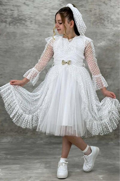Riccotarz Дівчача сукня з мереживною деталлю на комірі, спідниця з воланами та білим тюлем